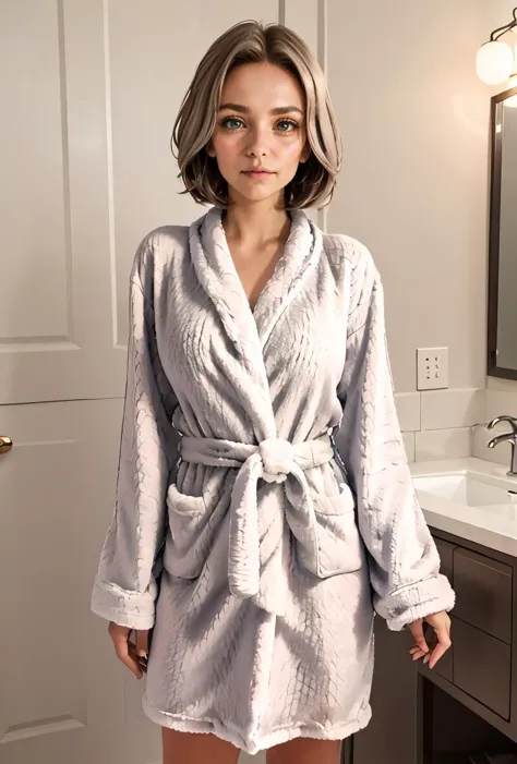 a woman in a robe standing in a bathroom next to a sink