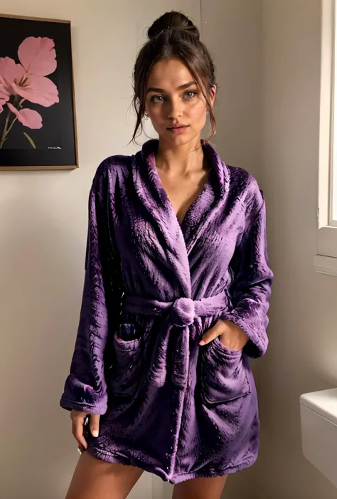 a woman in a purple robe standing in a bathroom