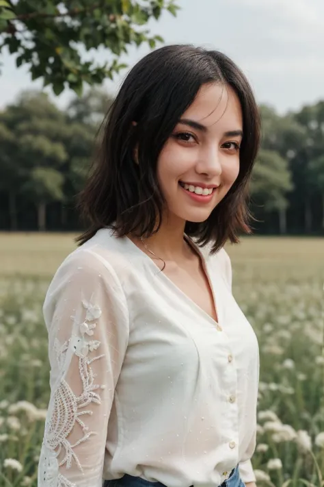 a close up of a woman standing in a field of grass