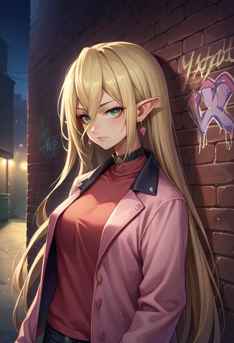 score_9, score_8_up, source_anime, 1girl, solo, Magilou, pointy ears, blonde hair, very long hair, hair between eyes, earrings, sharp eyes, choker, neon shirt, open jacket, turtleneck sweater, night, leaning, brick wall, graffiti, dim lighting, alley, looking at viewer, <lora:ChamMagilouPonyXL:1>