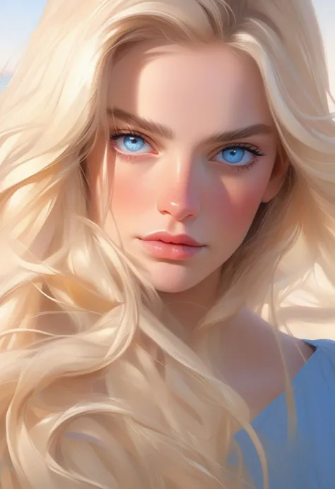 a close up of a woman with long blonde hair and blue eyes