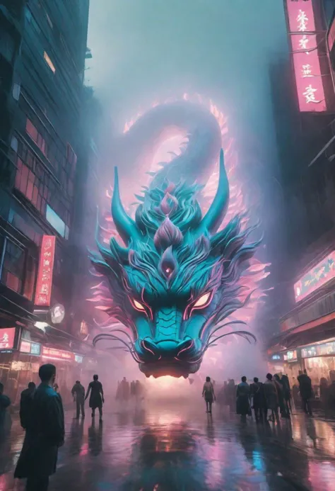 Capture the awe-inspiring sight of a colossal, mystical Chinese eastern dragon weaving through a labyrinth of urban buildings, i...