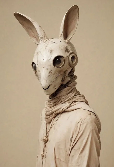 a close up of a person wearing a rabbit mask and a scarf