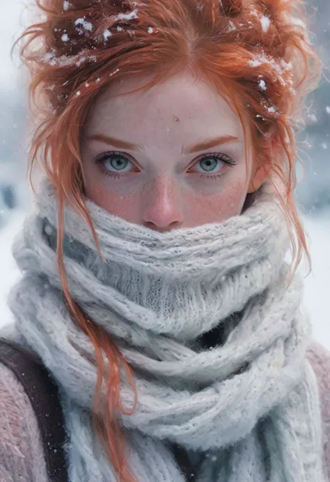 Face behind wooly scarf, Petite redhead Woman in snow, Freckles, face Closeup, face Hidden behind Pastell neon Striped wooly sca...