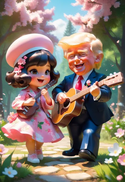 (masterpiece),(best quality),(ultra-detailed), (full body:1.2), 1Trump ,chibi,cute, smile, open mouth, flower, outdoors, playing guitar, music, beret, holding guitar, jacket, blush, tree, :3, shirt, short hair, cherry blossoms, green headwear, blurry, brown hair, blush stickers, long sleeves, bangs, headphones, black hair, pink flower, (beautiful detailed face), (beautiful detailed eyes), 