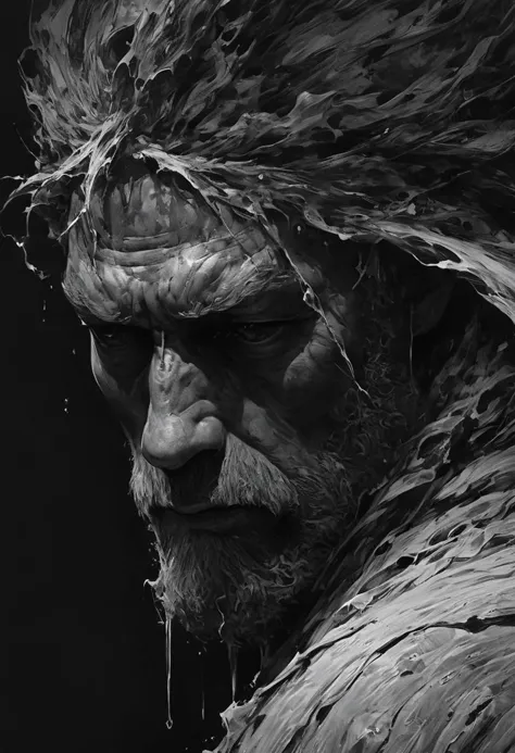 Monochrome Super Closeup of Profil of gritty face, Capture the dystopian casual essence of moses as feudal Cyber Ninja, the Mome...