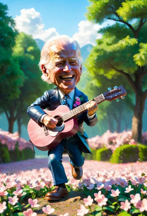 (Meisterwerk),(beste Qualität),(ultra-detailliert), (Ganzkörper:1.2), 1Joe Biden,chibi,Niedlich, lächeln, offener Mund, Blume, draußen, Gitarre spielen, Musik, Baskenmütze, Gitarre halten, Jacke, erröten, Baum, :3, Hemd, Kurzes Haar, Kirschblüten, grüne Kopfbedeckung, verschwommen, braune Haare, erröten stickers, lange Ärmel, bangs, Kopfhörer, schwarzes Haar, pink Blume, (schönes detailliertes Gesicht), (Schöne, detaillierte Augen), 