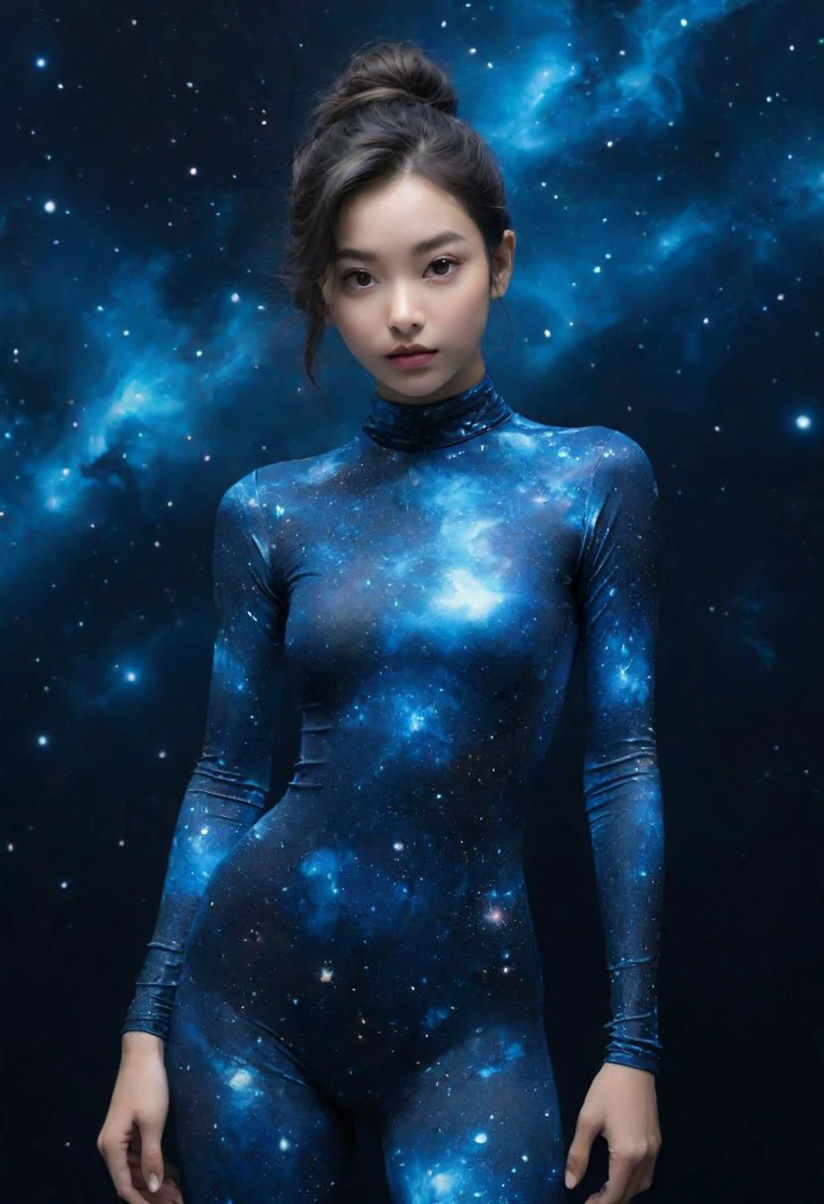 超クローズアップポートレート,  青い宇宙のプリントスパンデックスフルボディスーツを着た女性がつま先立ち