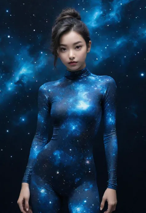 Super Closeup Portrait, Petite Woman in blue universe Print spandex full Bodysuit standing on tiptoes