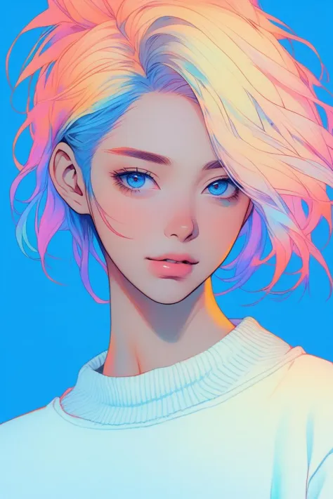 anime ,realista ,esboço , 1 garota, ,lábio, suéter,Ordem, fundo gradiente azul, cabelo neon,Corte texturizado, canadense , (obra de arte,melhor qualidade,estilo inferior)