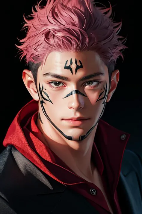 sukuna,pink hair,tattoo_ryoumen,tattoo_on_his_face,wearing black and red jacket,<lora:sukuna:0.7>,
Professional photography,dept...