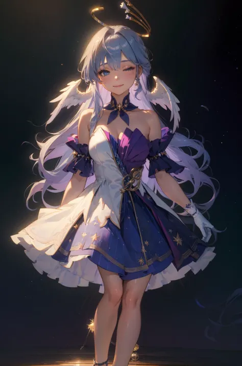 (best quality),(Masterpiece),dynamic angle,(extreme detailed illustration),(extremely detailed CG unity 8k wallpaper),amazing,Depth of field,(highly detailed),((an extremely delicate and beautiful)),((extremely detailed eyes and face)),<lora:robin-str-v1cl:0.7>,1girl,robin, head wings, halo, white gloves, high heels, standing, hand on own chest, dark background, stage, blue spotlight, closed eyes, closed mouth, smile, depth of field,<lora:shou-v50:1>,