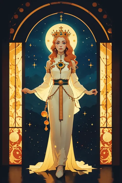 painting of a girl with long ginger hair in front of a church window, a cultural costume dress, a modest white tobe of a princess, a holy, saint, priestess
1girl, looking at the viewer, female focus, tall, realistic, /full-body/
castle, sky, night sky, moon, red planets, stars, bokeh, vivid colours, cosplay photo, depth of field, looking at the viewer, motion blur,
 <lora:PZH_tarot_electronic:1>