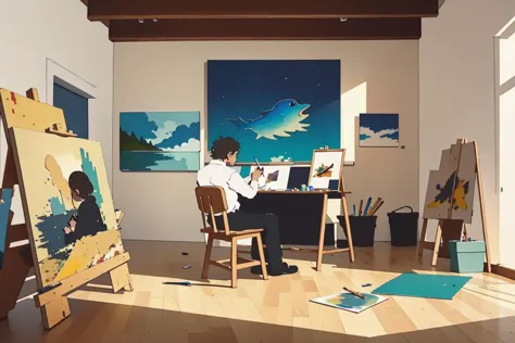 there is a man sitting at a desk in a room with paintings