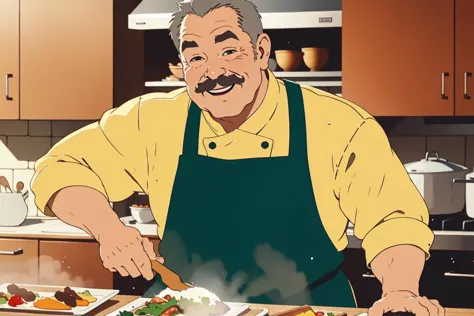 (masterpiece, best quality), old man, fat, chef, cooking, sweat, looking at viewer, smiling, laughing, mustache, <lora:epi_noiseoffset2:1.5>