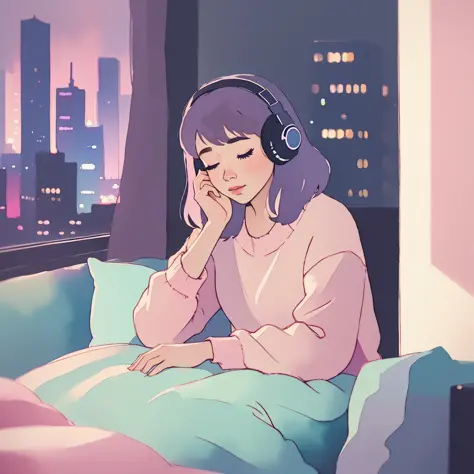 portrait512 LoFi image, girl wearing headphones sitting on her bed, with her hands around her knees, eyes closed, feeling the music, an apartment window with the night time city skyline, pastel colors, watercolor