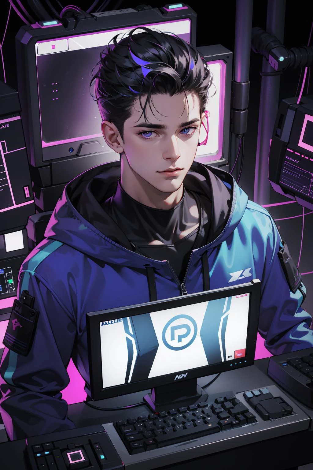 (absurdres, highres, ultra detailed), 1 male, mature, manly, tall muscular, handsome, finely detailed eyes, intricate details, portrait, looking at viewer, solo, half shot, detailed background, detailed face, (1980s synthwave theme:1.1)  high-tech futuristic hacker, smirk, advanced technology, hoodie, techwear, wearable device, keycard, cables,   (holographic display:1.05),   computer, password, control panel in background, blue lights,  dark sinister atmosphere, shadows,
