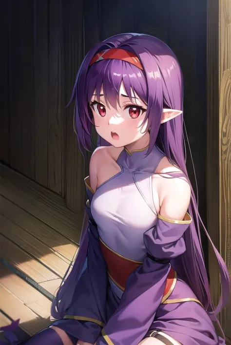 yuukikonno, <lyco:yuukikonno-lyco-nochekaiser:1>,
yuuki konno, hairband, long hair, pointy ears, purple hair, (red eyes:1.5), (small breasts:1.2), <lora:talkmouth_O_v100:1>, open mouth,
BREAK black thighhighs, detached sleeves, thighhighs, dress, purple dress, armor, purple armor,
BREAK looking at viewer, upper body, full body,
BREAK outdoors, forest, nature,
BREAK <lyco:GoodHands-beta2:1>, (masterpiece:1.2), best quality, high resolution, unity 8k wallpaper, (illustration:0.8), (beautiful detailed eyes:1.6), extremely detailed face, perfect lighting, extremely detailed CG, (perfect hands, perfect anatomy),