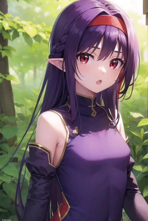 a woman with long purple hair and a purple top is standing in the woods