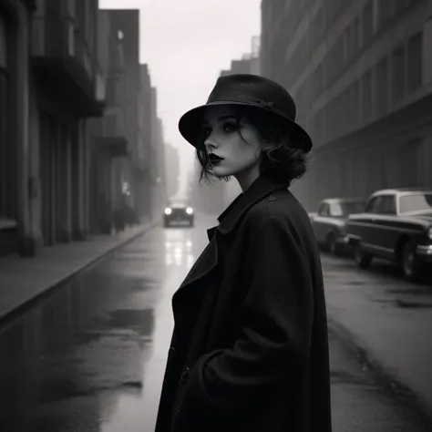 arafed woman in a black coat and hat standing on a city street