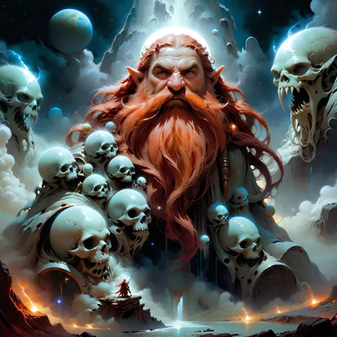 a painting of a man with long red hair and beard surrounded by skulls