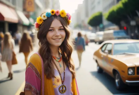 cinematic photo (beautiful:1.1), a young hippie girl in the 70s, brown hair, wearing  a flower crown and  colorful clothes , smilinga,a peace sign necklace, San-Francisco street, 50mm photograph, film, bokeh, professional, 4k, highly detailed