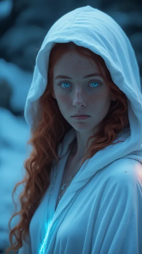 a beautiful a woman, mage, white hooded mage robes, long wavy red hair, glowing bioluminescent light blue eyes, polar landscape,...