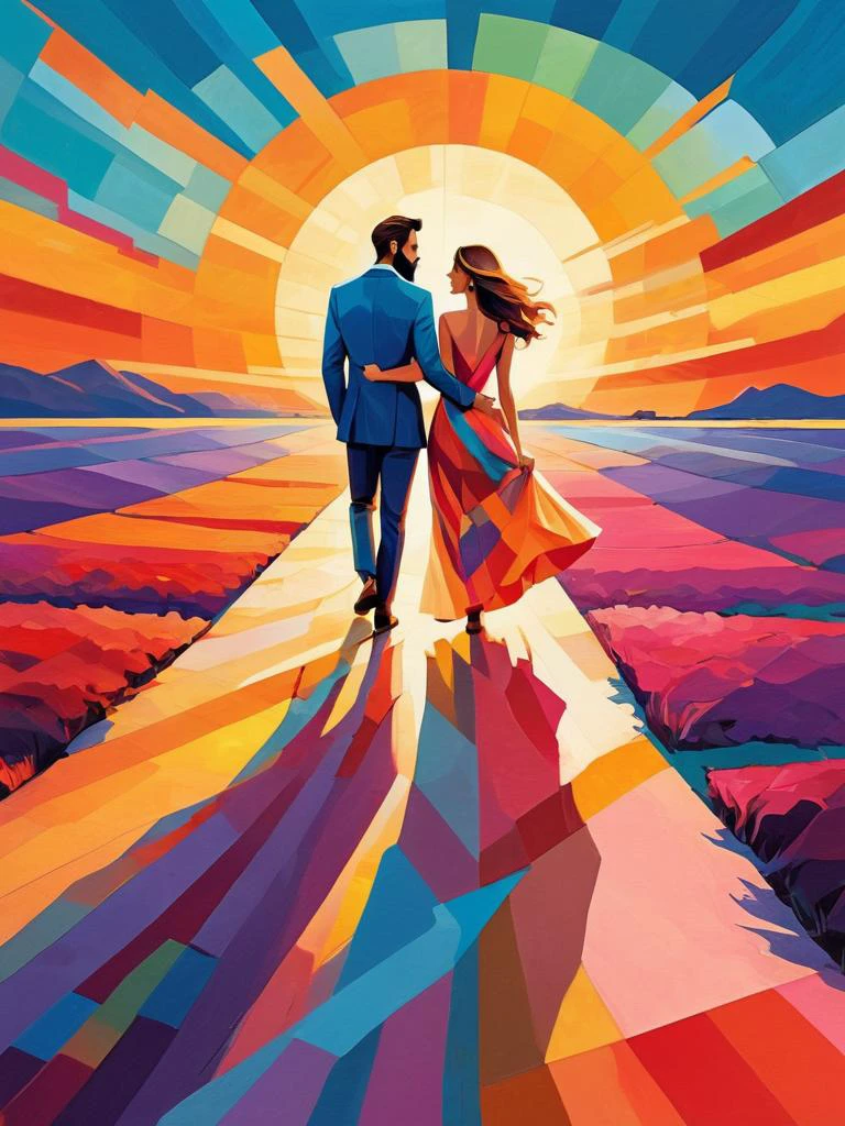 Pintura de campo colorido Um homem com barba e uma linda mulher usando um vestido apaixonado caminhando em direção ao pôr do sol, abstrato, Simples, geométrico, estilo de pintura de campo colorido