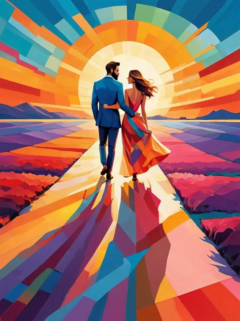 Color Field Painting A man with a beard and a beautiful woman wearing a dress in love walking into the sunset, abstract, simple,...