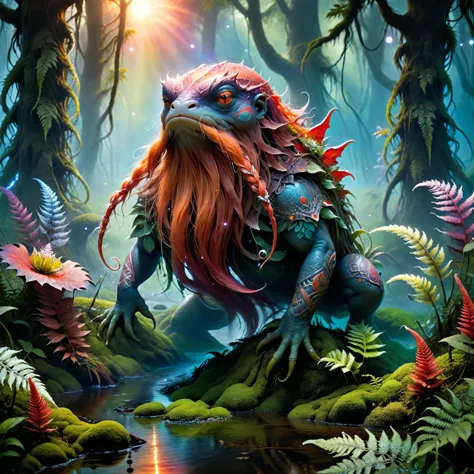 a painting of a creature in the woods with a bright light