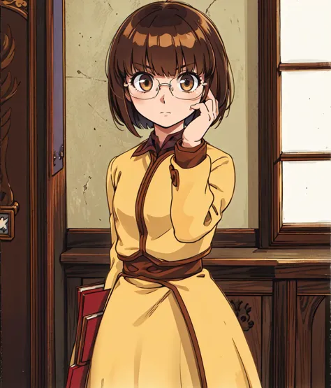 chef-d&#39;œuvre, haute résolution, Visage détaillé, yeux détaillés, capture d&#39;écran d&#39;anime, 1 fille, mince, Lunettes. fixing Lunettes, touching Lunettes, intelligent, Cheveux courts, cheveux bruns, Robe jaune, à l&#39;intérieur, tout le corps, salle de tactiques militaires, médiéval, tir de cow-boy   