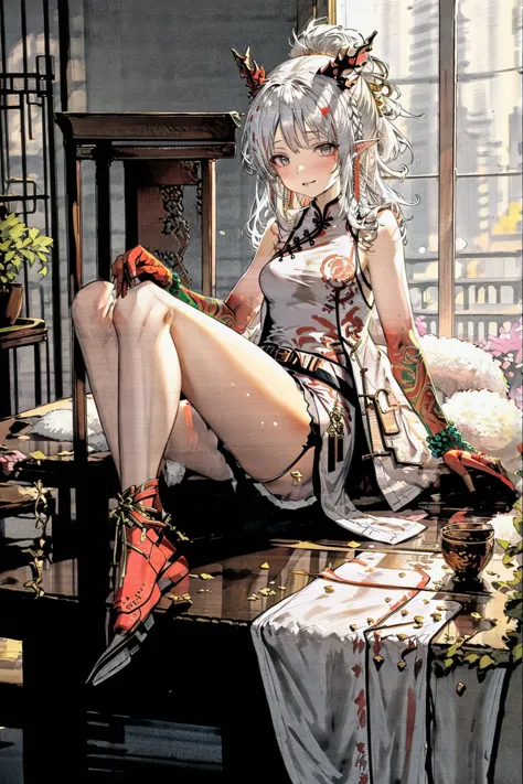 anime girl sitting on a table with a book in her hand