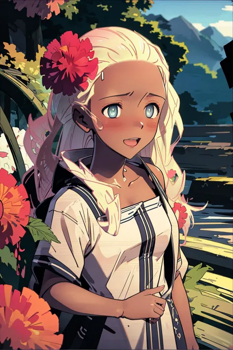 anime girl with flowers in her hair standing in front of a car