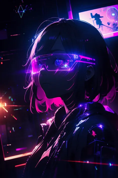 (best quality, ultra detailed), holographic, 1girl, solo, dutch angle, class room, at evening, cyber_glasses, <lora:cyber_glasse...