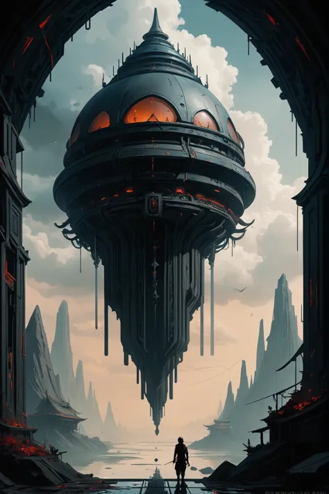 finely detailed scifi digital painting, Shrine to Dark Deities \(room\) in a whimsical scifi cloud city beyond the beginning of reality<lora:EnvyStarlightScifiDigitalPainting02:1.25>