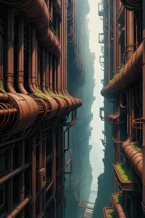 finely detailed scifi digital painting, pipe maze in a abandoned fantasy vertical topia beyond the beginning of time, masterpiec...