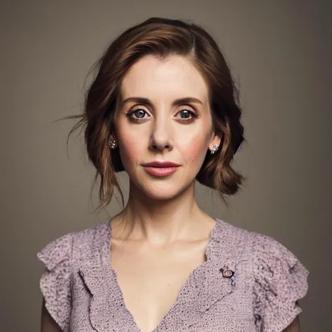 a close up of a woman with a purple top and earrings