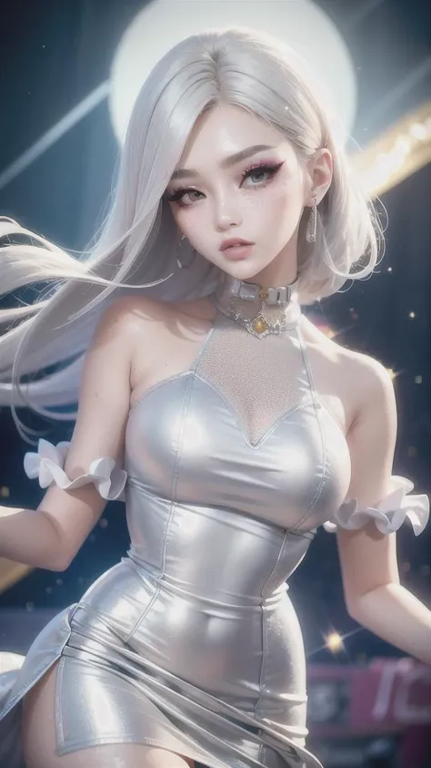 [(ulzzang 1.1:0.1), (pureros:0.1):-0.05], (semi realistic:1.3), (dynamic pose:1.2), (silver hair:1.35), (cosplay:1.35), (masterpiece:1.2), (best quality:1.15), (1girl:1.2), (solo:1.2), (erotic:1.2), (korean mixed, kpop idol:1.3), (vintage white laced gold trim dress:1.1), (femme fatale:1.3), (upturned eyes:1.3), (thick eyebrows:1.1), (long Eyelashes+smokey eyeliner+eyeglitter+red eyeshadow+gloss lips+erotic sexy makeup:1.1), 2 girl, teenager, (depth of field:1.1), (supreme quality beautiful face:1.3), (supreme quality beautiful bright eyes:1.3), (supreme quality hyper realistic texture human skin:1.3), (freckle, flush, blemish, fine wrinkles, pores, veiny, complexion:1.12), (lively skin, rough skin), (hyper extreme supreme quality beautiful women:1.1) (complete eyes, complete face:1.1), (realistic lighting, cinematic lighting:1.1), (simple background:1.25)