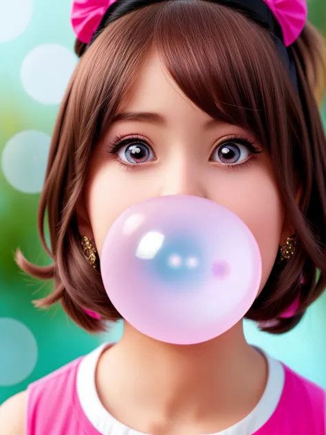 cartoon anime girl blow Bubble Gum, looks at the camera, light background, bokeh, ornate background. <lora:Bubble Gum_v2.0:0.7>