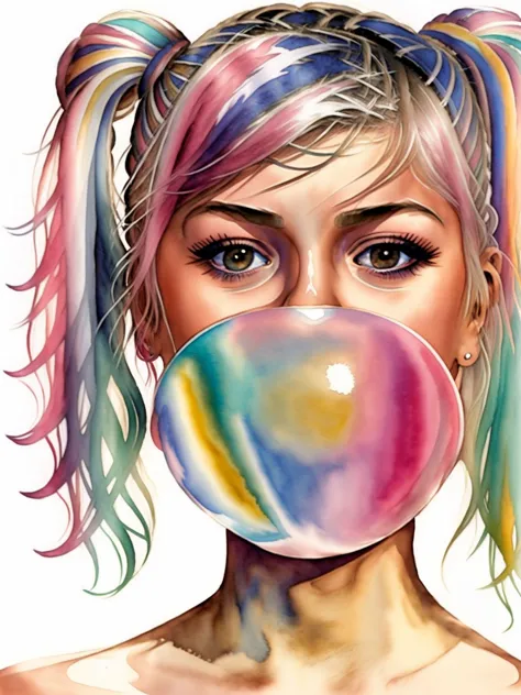 art par DEN_barbucci_STYLE ARTISTIQUE, peinture à l'aquarelle d'une fille soufflant une bulle de chewing-gum, (filles scandinaves:1.2), (lesbienne:1.1), adulte, plage, maillot de bain, (Transpirer:1.1), (sourire:0.5), (câlin:0.9), (presse du sein:0.5), (baiser:0.8), (NSFW:1.1). 