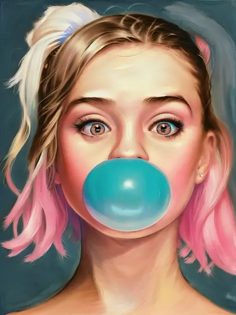 painting in the style, of a teenage girl with bare shoulders and her head turned , navy_blue tones and pale highlights. blowing bubble gum, pink bubble gum <lora:Bubble Gum:1>