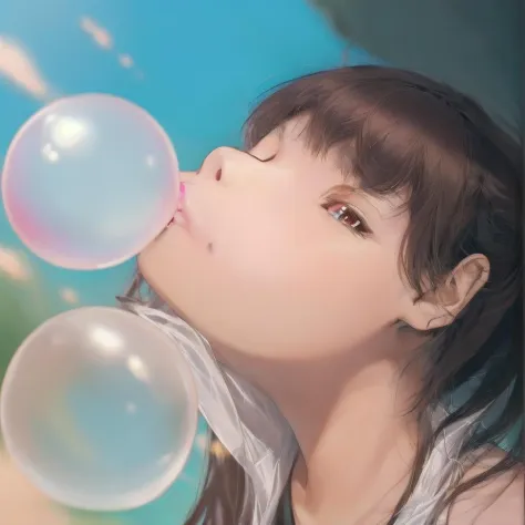 <lora:Bubble Gum:1> Inflated bubble gum, blow bubble, color bubble gum,  paradoxical 1girl sneezing , peaceful waterpark with mole,