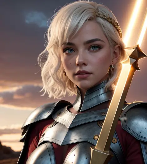 1girl, middle earth Paladin ,Wearing war armor ,enchanted sword and a powerful shield, detail armor, rusty armor, chainmail, queen tiara, fighting goblins to protect innocent villagers, Enchantress, Short, Thin, Square Face, Olive Skin, Platinum Blonde Hai...