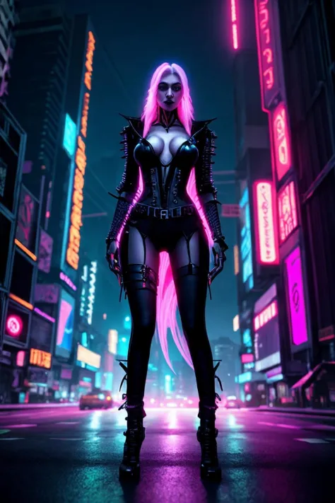 beautiful cyberpunk vampire. night, neon, volumetric light, high dynamic range