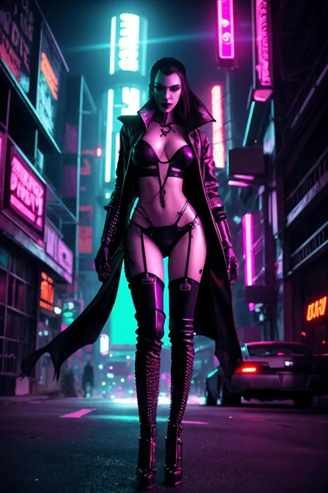beautiful cyberpunk vampire. night, neon, volumetric light, high dynamic range