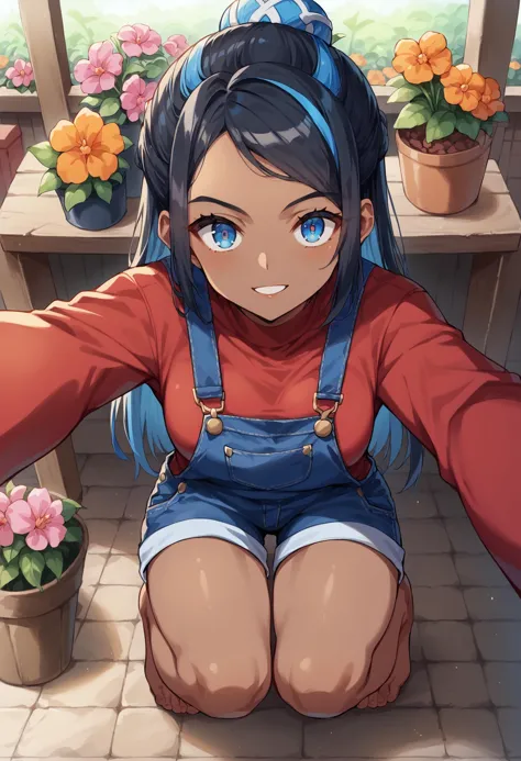 score_9, score_8_up, score_7_up, source_anime, 1girl, solo, looking at viewer, EPpkNessa, black hair, blue hair, streaked hair, dark skin, dark-skinned female, overalls, overall shorts, long sleeves, red shirt, flower shop, outdoors, storefront, flower pot, potted plant, shelf, orange flower, pink flower, selfie, outstretched arm, taking picture, single hair bun, blue eyes, awning, reaching towards viewer, squatting, smile, parted lips, v-shaped eyebrows