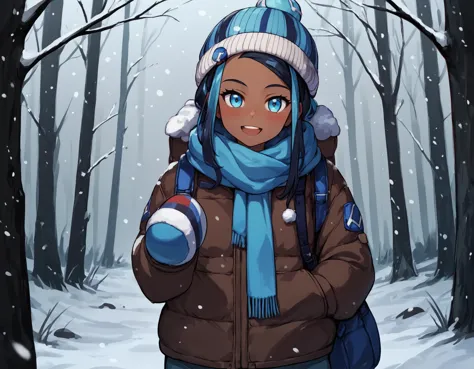 score_9, score_8_up, score_7_up,  <lora:EPpkNessa:0.8> EPpkNessa, blue eyes, black hair, blue hair, streaked hair, single hair bun, dark skin, dark-skinned female, woolly hat, scarf, puffy jacket, mittens, snowing, outside, in forest, looking at viewer, blush, smiling, mouth open, baggy pants,