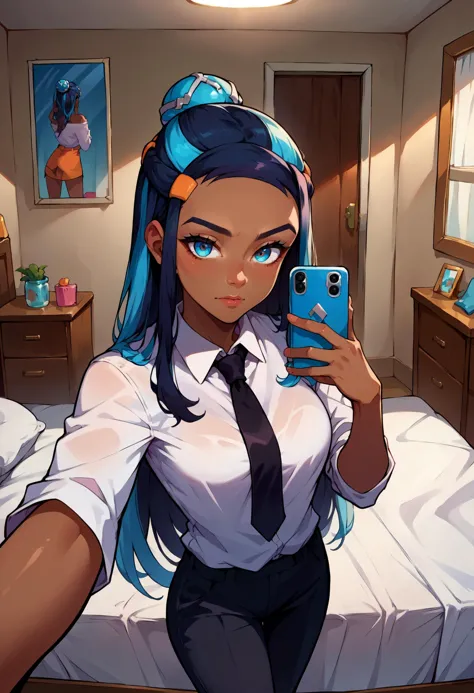 anime girl with blue hair taking a selfie in a bedroom