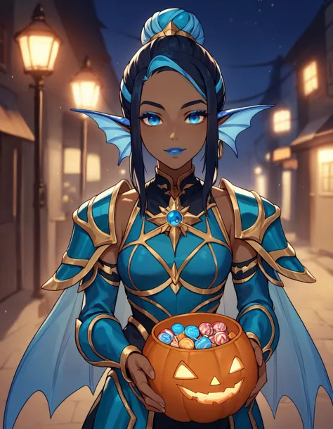 a woman in a blue dress holding a pumpkin and a blue dragon