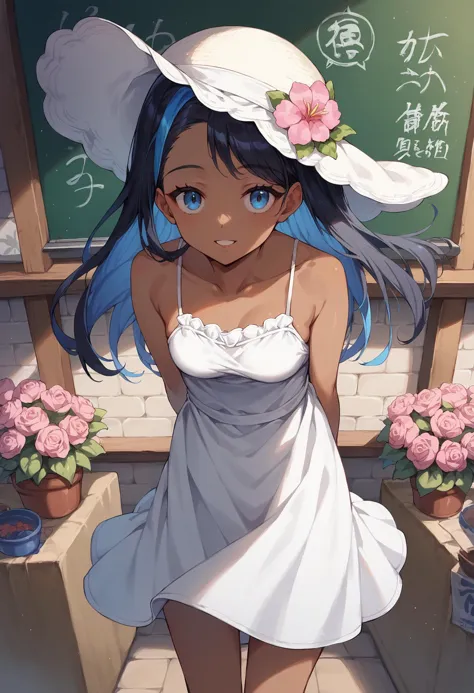 anime girl in white dress and hat standing in front of a chalkboard